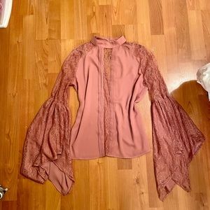 Express Flowy Lace Bell Sleeve High Neck Blouse